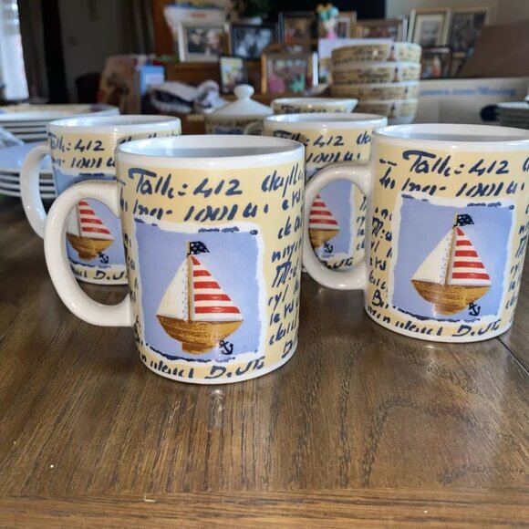 Thompson Pottery Coffee Mugs Nautical Lighthouse Sailboats Red White Blue Used - Picture 2 of 5